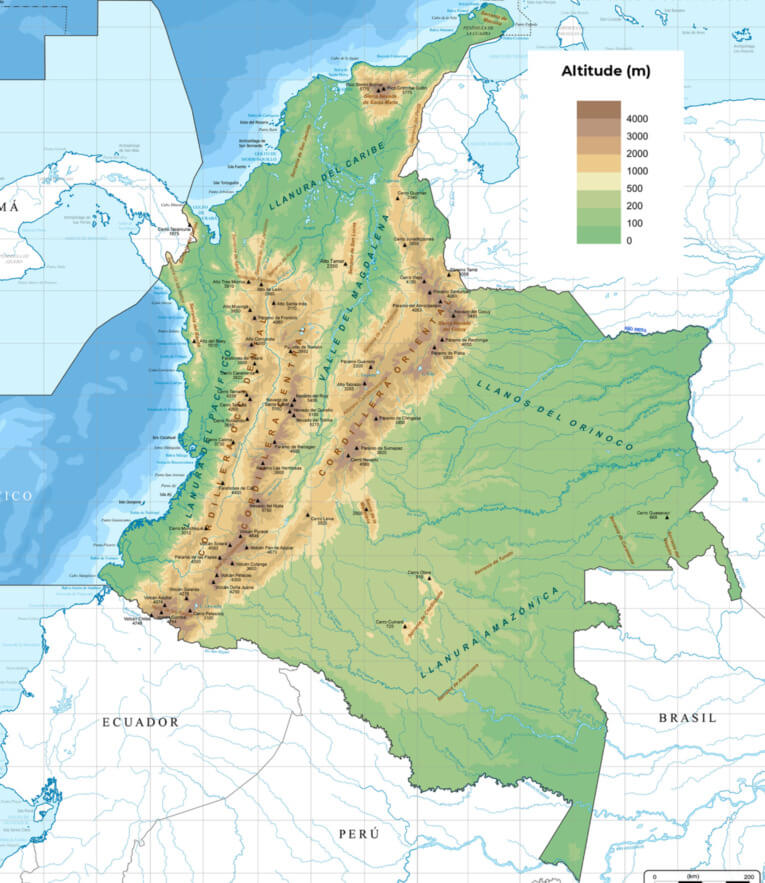 Carte topographique des altitudes en Colombie